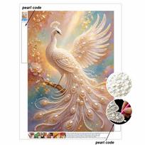 Pearl Art Painting Home Wall Decor White Peacock Pearl Gemstone Painting Picture Crafts Adult/Beginner Gift Creative Home Decor Unframed 30x40 beige