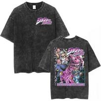 Vintage Washed Anime JoJo Bizarre Adventure Jan Pierre Polnareff Tshirts Men Women Clothing Fashion Casual Loose T Shirts Tops S black