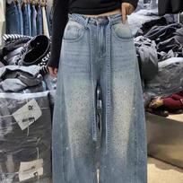 American Star Rhinestone Sparkle Denim Pants - Women's Wide-Leg Floor-Length 2026 Spring Scythe Style S