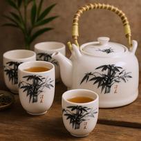 Teapot Set White Stone Oriental