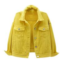 Women's Casual Colored Denim Jacket in Korean, Short, Loose Fit, Long Sleeve XL yellow