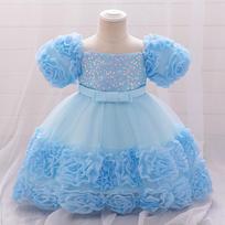 Nauja Princess suknelė su blizgučiais ir pūstomis rankovėmis kūdikiams ir mažiems vaikams su 3D aplikacija ir tinkleliu. 80cm / 9-12 Months dangaus mėlyna spalva
