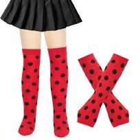 Cosplay Thigh High Long Socks for Women Girl Over Knee Stockings and Arm Warmers Insect Dots Print Costume Accessories red