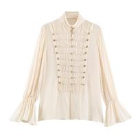 Womens Long Sleeve Stand Collar Button-Up Shirt With Rope Knot Detail Loose Fit Elegant Office Blouse L beige