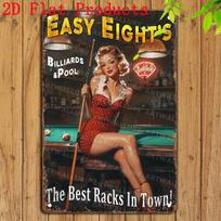 Vintažinis biliardo pin-up merginos metalinis skardinis ženklas Retro Easy Eights boulingo salės dekoras Raudoni šviesūs plaukai Menas Tvirtas 20x30cm（7.8x11.8inch） brown