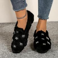2025 Fashionable Hot Sale Simple Crystal Flower Fur Flats Women Ankle Strap Furry Rhinestone Snowflakes Fur Winter Shoes 42
