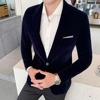 Autumn Winter Velvet Blazer Jacket Men Fashion Casual Suit Coat Soft Warm for Men Wedding Business Party Stage Performance Blazer XXXXXL tamsiai mėlyna spalva