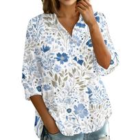 Women's Floral Print Button Down Shirt, 3/4 Sleeve Loose Fit Lapel Blouse M dangaus mėlyna spalva
