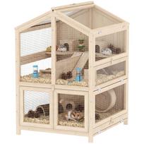 3-Level Wooden Hamster Cage with Water Bottles, Houses, Rocking Toys, Removable Tray and Hinged Lids - Natural