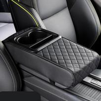 Car Armrest Console Extender with 2 Cup Holders Heightening Pad PU Leather Universal Auto Interior Storage Box Tissue Organizer gray