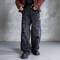 Mens Oversized Straight Fit Distressed Washed Black Denim Pants With Hand-Painted Graffiti Art S gray