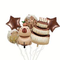 6pcs Capybara Balloons Happy Birthday Balloon Set, Capybara and Star | Suitable for Animal Theme Party, Birthday Party Supplies beige