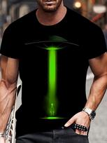 Geriausiai parduodami vasariniai naujo stiliaus vyriški juodi laisvalaikio trumparankoviai marškinėliai su ryškiai žaliu 3D „UFO ateivio“ rašto spaudiniu L brown