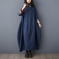 Vintage Long Sleeved Denim Dress 2026 New Plus-size Loose Blue Long Dresses for Women Autumn O Neck Casual Dress L