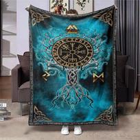 Viking Yggdrasil Rune Flannel Blanket Teal Black Norse Tree Celtic Knot Print Soft Throw Bedroom Sofa Retro Ethnic Home Decor 75x100cm (30x40inch) blue