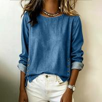 Women's Denim Long Sleeve Shirt Round Neck Casual L gray