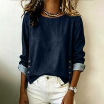 Women's Denim Long Sleeve Shirt Round Neck Casual L black