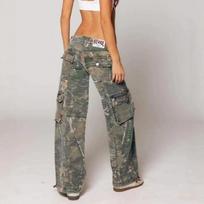 Womens Low-Rise Camo Denim Jeans Loose Straight Cut Streetwear Casual Trousers Large gray