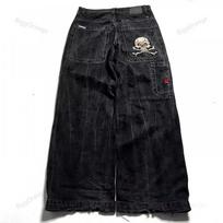 Mens High-Waisted Wide-Leg Straight Fit Denim Jeans With Embroidered Hip Hop Streetwear Design Medium black
