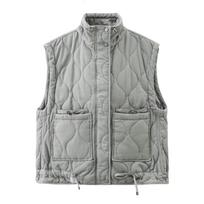 Autumn Winter Women Standing Collar Light Weight Sleeveless Cotton Coat Vest Women Pocket Decoration Tank Top L gray