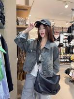 Women's Hong Kong Retro Washed Denim Polo Collar Jacket - Versatile Spring/Autumn Short Loose Fit XL mėlyna