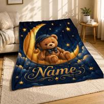 Teddy Bear On Moon Name Coral Fleece Blanket Nursery Decor 125cm*150cm