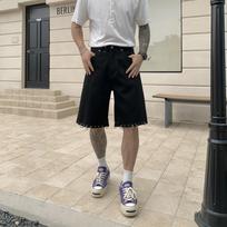 Dark wind solid color denim five-point trousers, metal rings, rivets, loose wide-leg version, the same for men and women 3XL