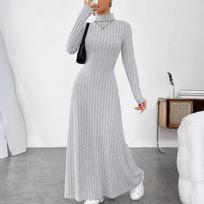 Ladies' Temperament Slim Fit High Neck Fashionable Solid Color Long Sleeved Dress L gray
