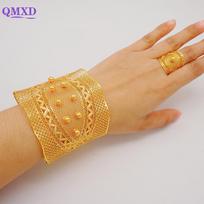 Dubai Gold Color Bangle With Ring For Women Charm Chain Cuff Bracelet Indian Bracelet Arabic France Bridal Wedding Jewelry Gifts beige