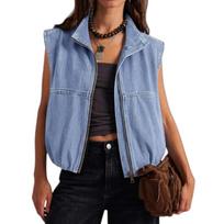Women's Fashion Casual Sleeveless Denim Vest with Zipper Collar M gray