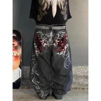Mens Y2K Baggy Denim Jeans Loose Fit Hip Hop Streetwear Straight Cut Vintage Embroidered Pants XXL gray