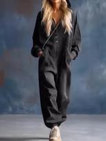 European-Style Women's Denim Print Jumpsuit with Long Sleeves and Large Pockets S