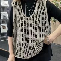 Vasarinė Retro Laisva Žvejybos Tinklo Rašto Apvalios Kaklo Megzta Liemenė Moteriška Tuščiavidurė Universali Liemenė Moterims 2XL gray