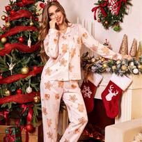 Women Christmas Gingerbread Print Long Sleeve Long Pants Pajama Homewear Set S rožinė