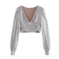 Fashion Style 2022 New Arrival Party Tarpaulin Sleeve Sequin Blouse Ins Short Deep V Neck Long Sleeves Sequin Outwear Women Picture Color M gray