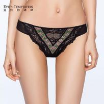 Eliza series transparent embroidery comfortable low waist thong underwear women's seamless underwear T pants M [Rec 100-110 jin] black