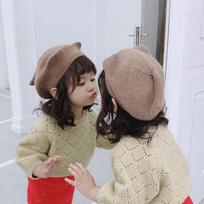 Cartoon Cat Ear Girls Knit Beret Hat Knitted Yarn Toddler Beret Cap  Autumn Winter Wear chaki