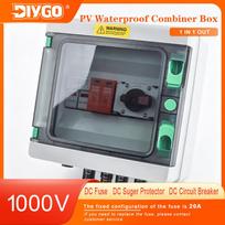 DC 1000V 1-1 PV DC Combiner Box IP65 Waterproof Wall Mount Solar Junction Box with 32A Fuse Isolation Switch SPD Surge Protector 32A