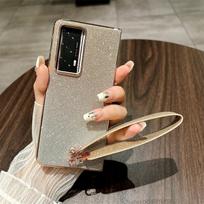 Ultra-Thin Full Coverage Case Honor Magic V2 With Sparkle Finish Wrist Strap - PC Leather Hybrid Anti-Scratch Drop HONOR Magic V2 beige