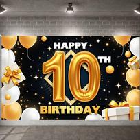 Happy 10th Birthday Banner Balloon Decoration Display Gift Box Design Starry Elements Birthday Backdrop for Indoor Decor 59×39inch/150*100cm
