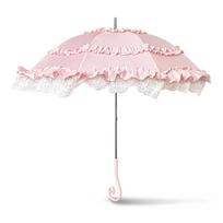 Pink Lace Lolita Umbrella, Long Handle Sun Parasol with Ruffled Edge, High Aesthetic Rain & Sun Umbrella for Women & Cosplay full-fiber&8K white