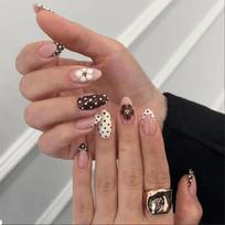 24Pieces Elegant Press On Nail French Tip Inspired Artificial Nail With Dots And Flowers Perfect For Special Incidents 1 brown