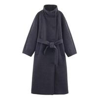 Womens Winter Wool Blend Coat With Stand Collar Belted Loose Fit Longline Outerwear M
