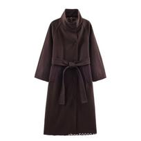 Womens Winter Wool Blend Coat With Stand Collar Belted Loose Fit Longline Outerwear L