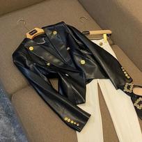 Jacket Black Metal Double-breasted Slim-fit Leave-in Collarless Leather Blazer Top Jacket 2XL 130-72.5 kg juoda