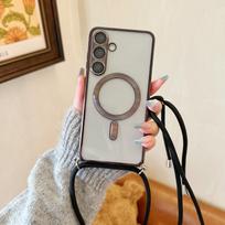 Magnetinis dėklas Samsung Galaxy S25 Ultra S26 S21 S22 S23 FE S24 Plus Magsafe Skaidrus Metalizuotas Dirželis Per Petį Pakabinamas Virvelės Dangtelis Galaxy A55 gray