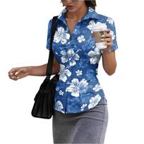 Women's Color Short Sleeve Button Down Shirt, Slim Fit Collar Blouse, Lightweight Casual Summer Top for Work XL dangaus mėlyna spalva