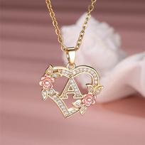AZ pradinės raidės širdies pakabukas karoliai moterims Elegantiškas cirkonio rožinio aukso spalvos gėlių abėcėlė Širdies pakabukas grandinėlė Choker papuošalai A auksas/rožinio aukso spalvos