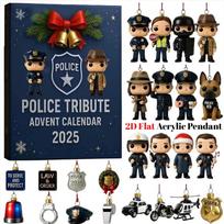 2D plokščias akrilinis policijos tribute Advento kalendorius 2025, 24 dienų Kalėdų atgalinės atskaitos kalendorius su 24 policijos tematikos dekoracijomis, Kalėdinė dovana policininkui mėlyna