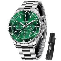 SAPPHERO Men's Analog Wristwatch 10 ATM Waterproof Luminous Stainless Steel Mineral Glass Business Outdoor Date Chronograph Silver Band Green Dial gray
